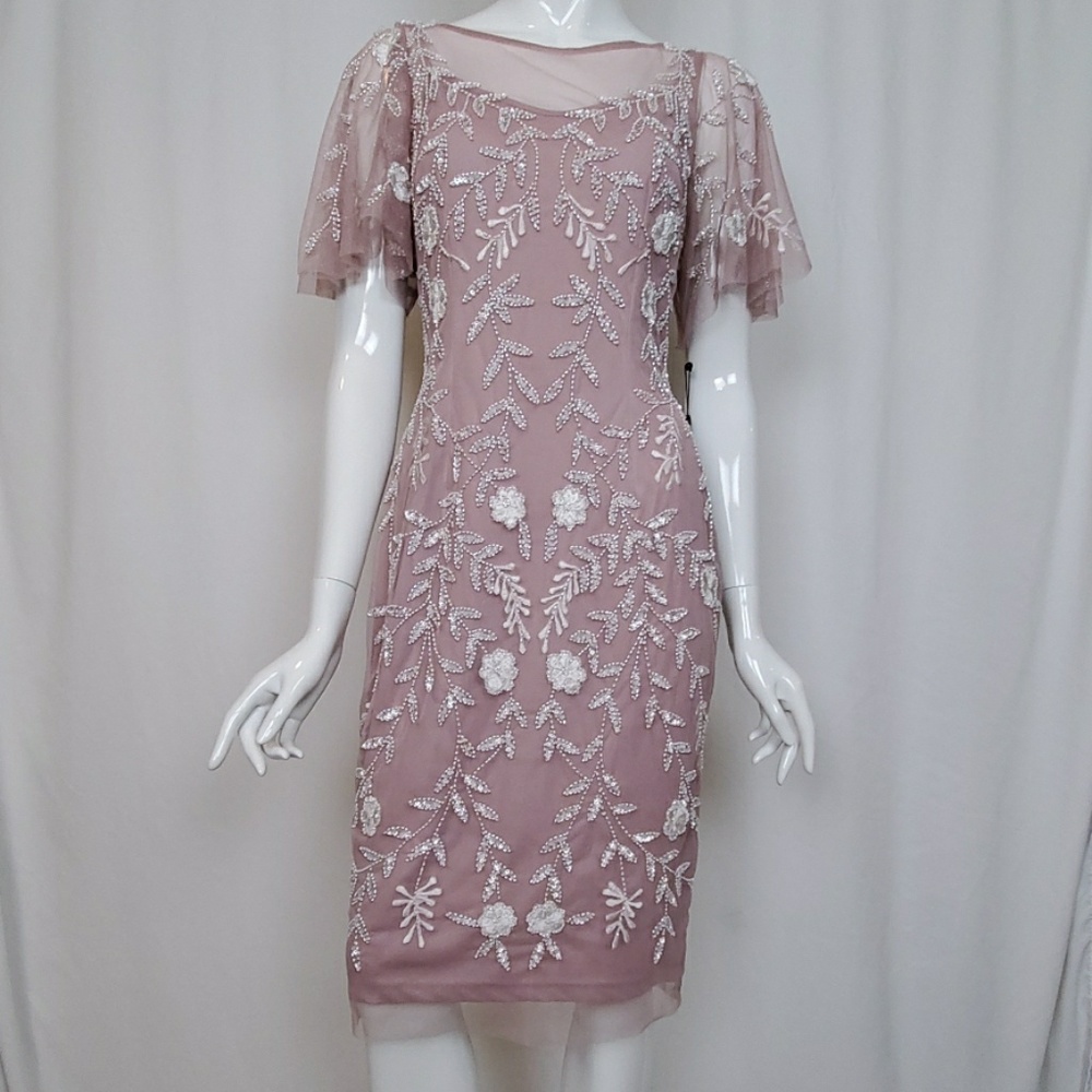 Adrianna Papell Dusty Pink Short Beaded Midi Dress